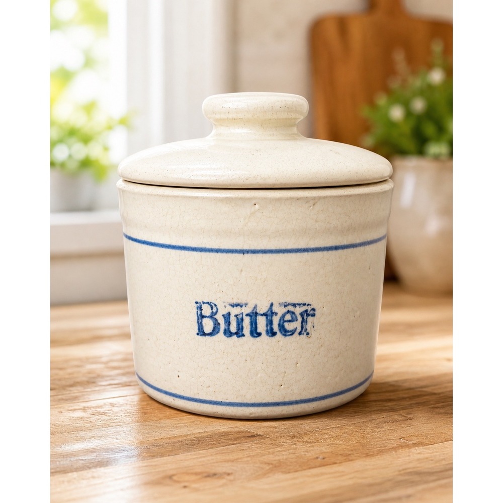 Vintage Stoneware Butter Crock with Lid Blue Cobalt Salt Glaze Farmhouse Pottery